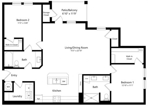 Two Bedroom Floor Plan | 1,290 Sq. Ft. at The Sedona Luxury Apartments in Tampa FL